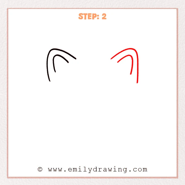 how to draw a cat face - Step 2 of how to draw a cat face—add a second, symmetrical ear on the right with an inner ear curve.